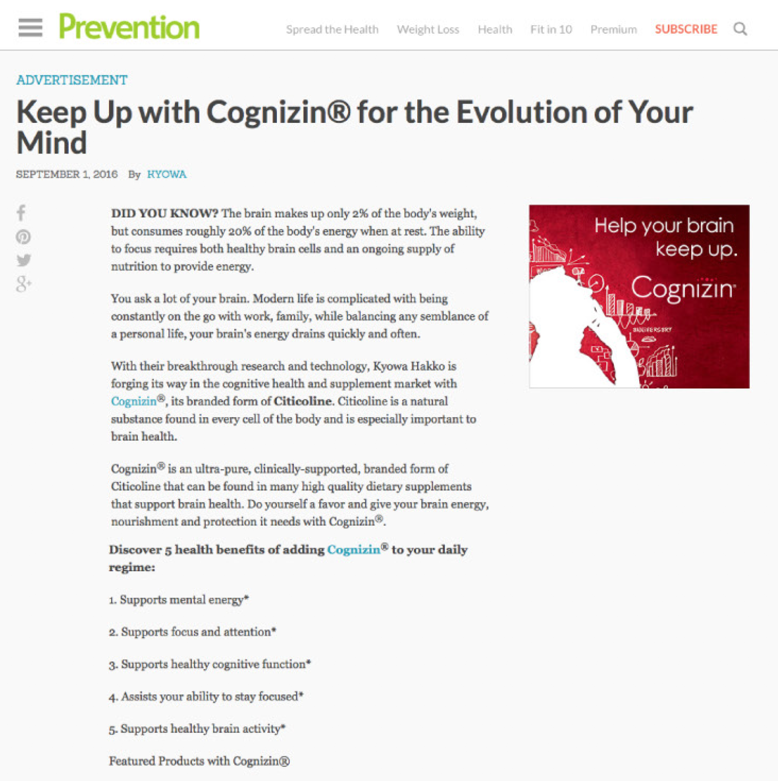 Cognizin on Prevention.com